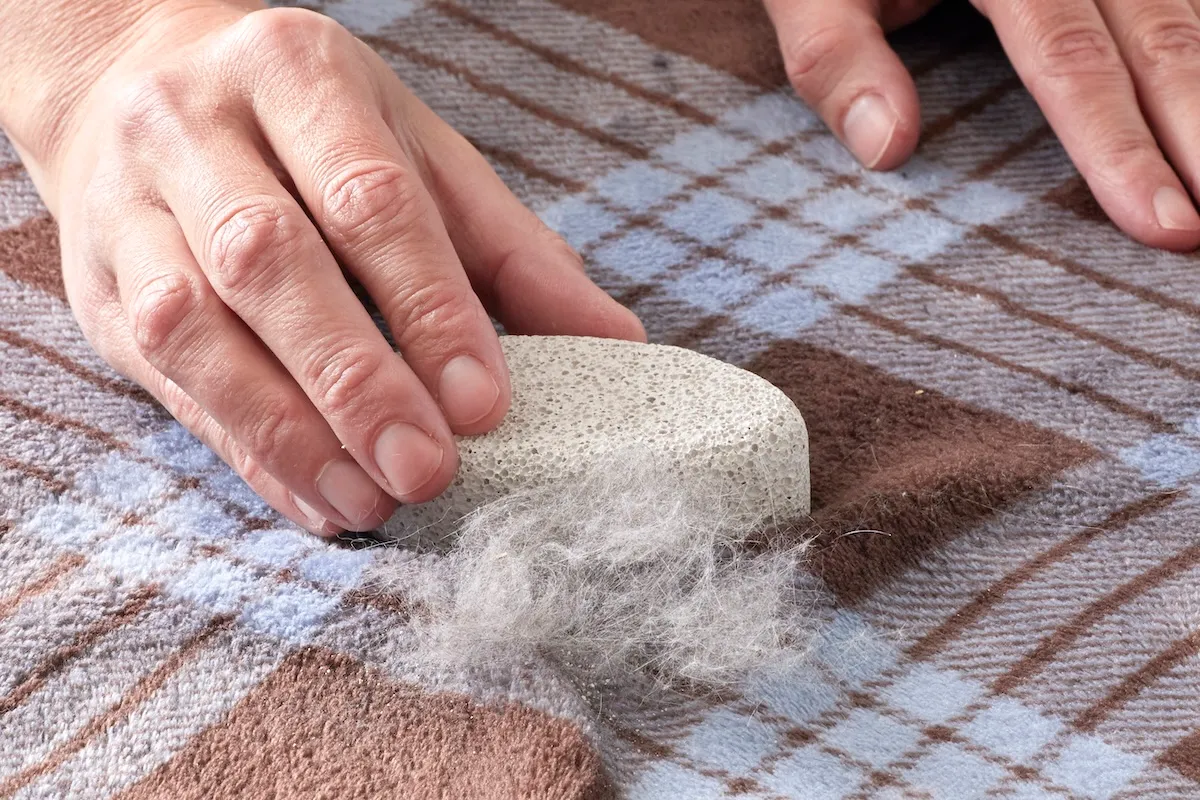 A DIYer using a pumice stone to life pet hair off of a blanket.