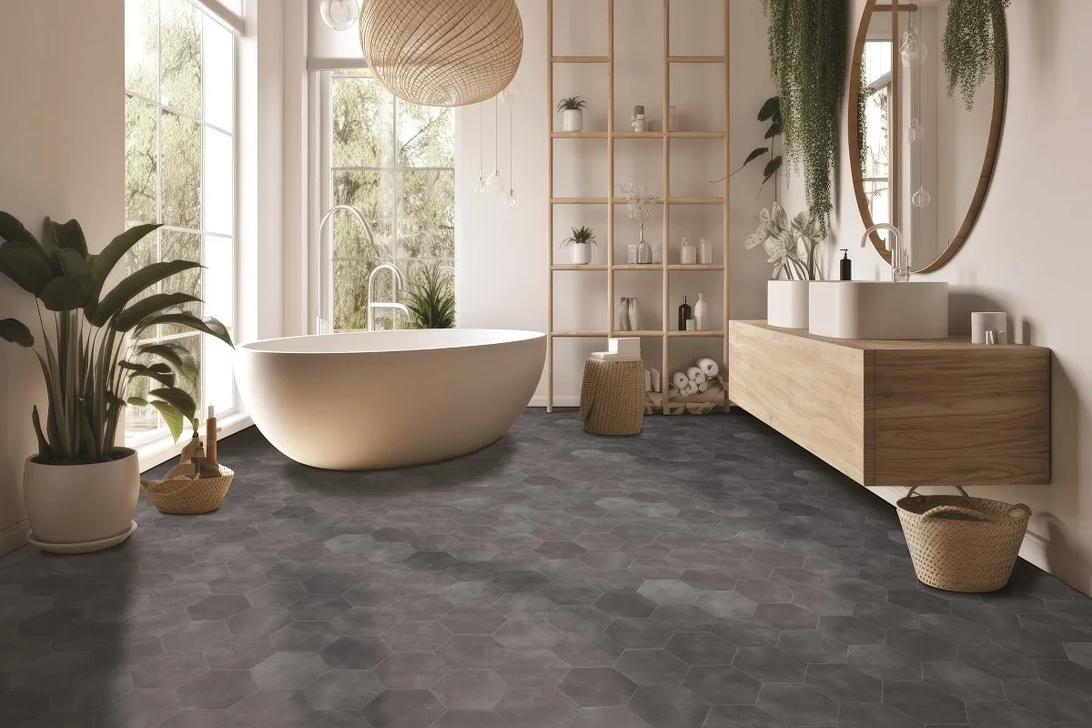 A large modern bathroom with a dark vinyl floor.