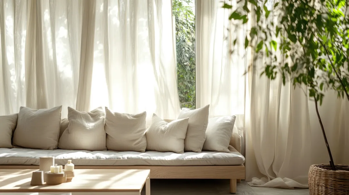 A bright linen-toned living room with cream-colored puddle curtains.
