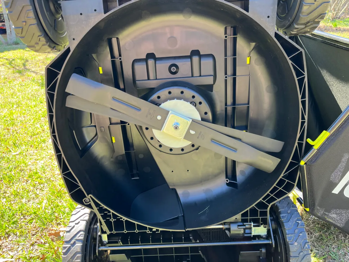 Ryobi 40V lawn mower under the deck