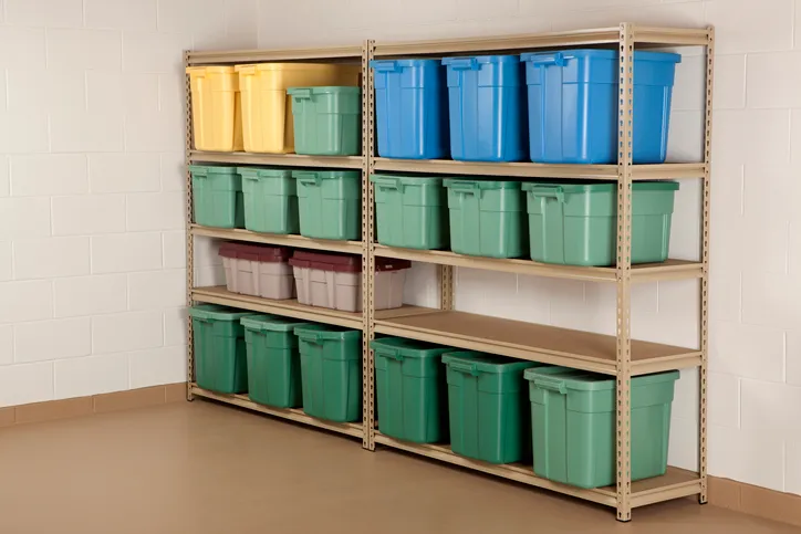 Storage boxes with lids on a metal shelf in a basement