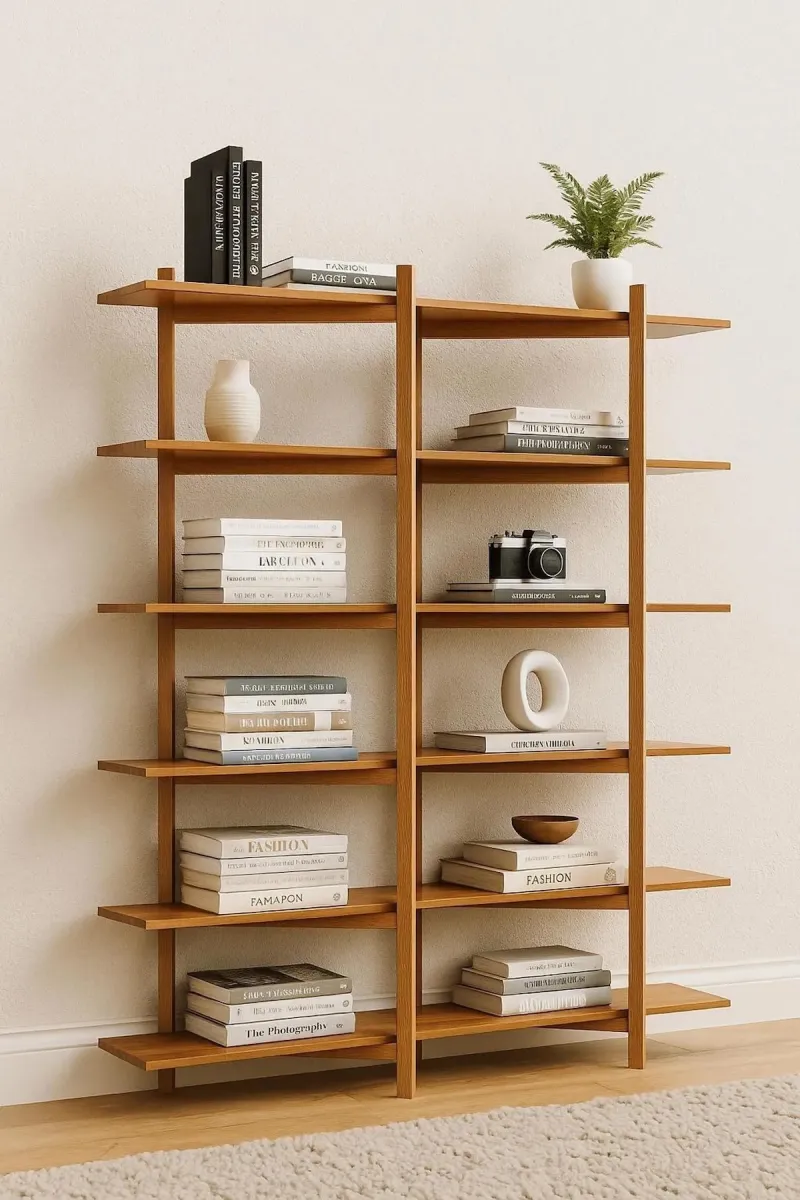 Minimalist open bookshelf against a beige wall with books and knicknacks on it.