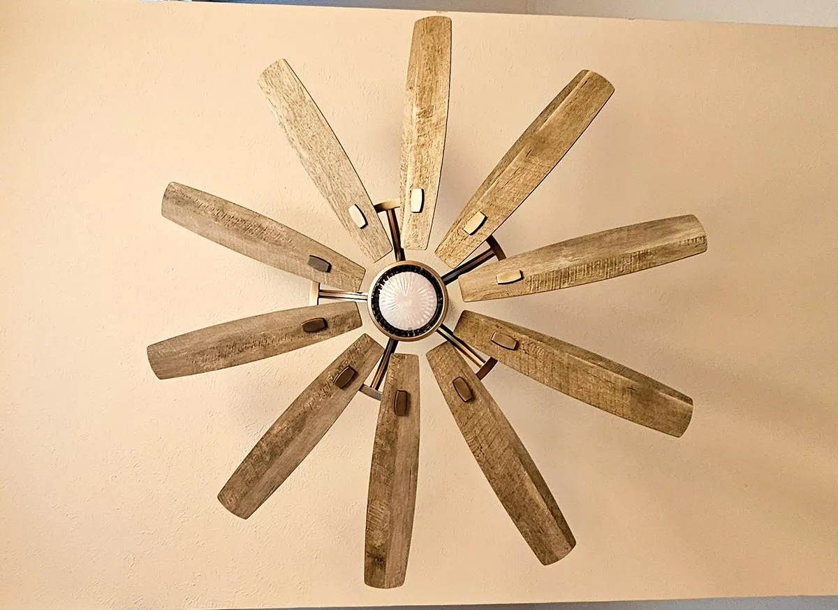 The Minka-Aire Barn LED 65-Inch Smart Ceiling Fan installed and running during testing.