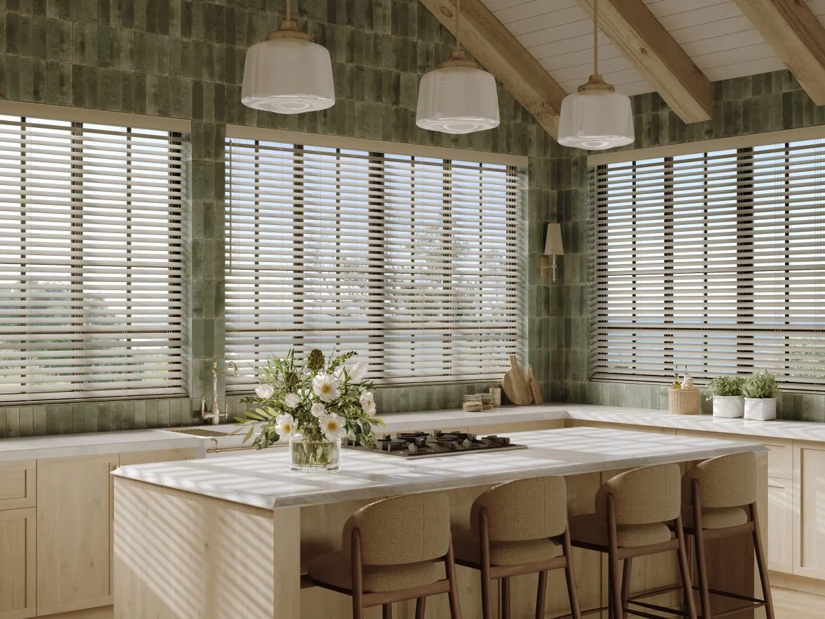 Tan kitchen with wood blinds