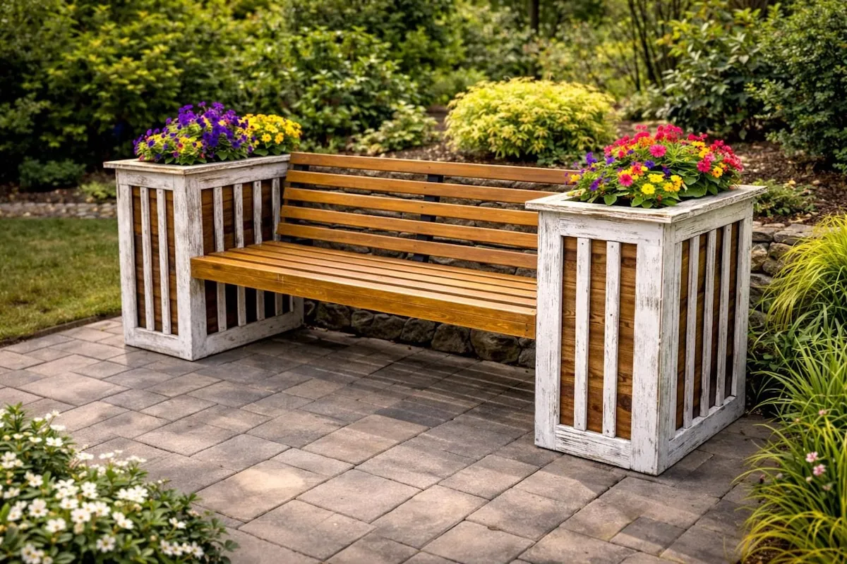 Wood slatted bench with Mission-style planters on either end; planters are stained white.