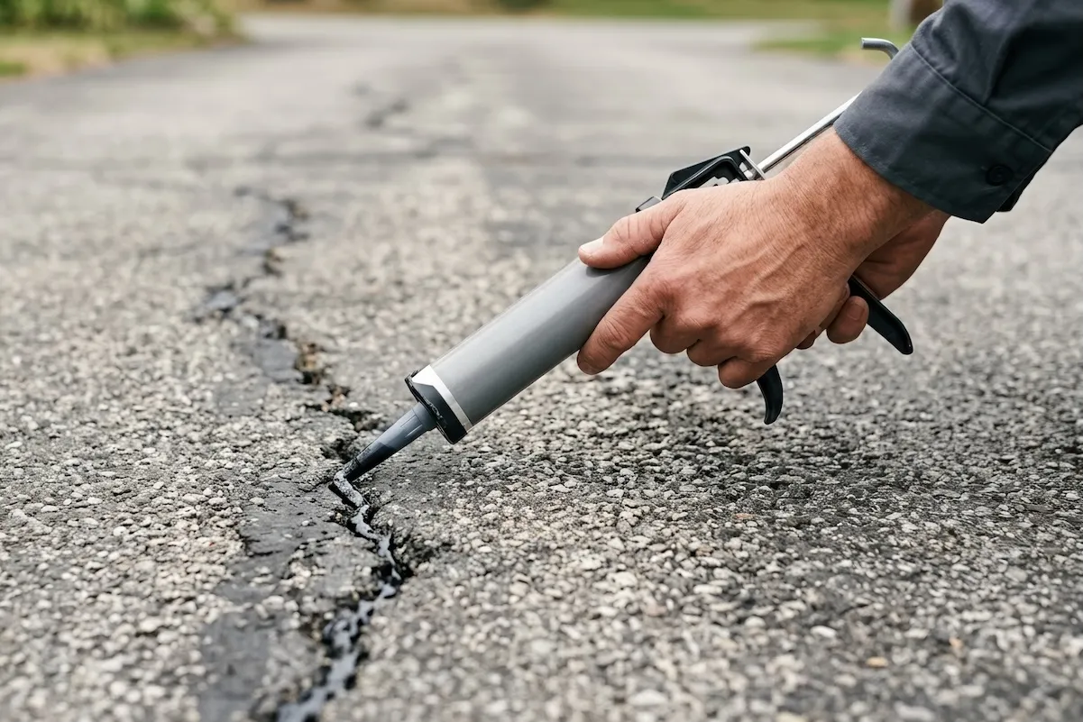 Person uses caulk to close a crack in an asphalt driveway.