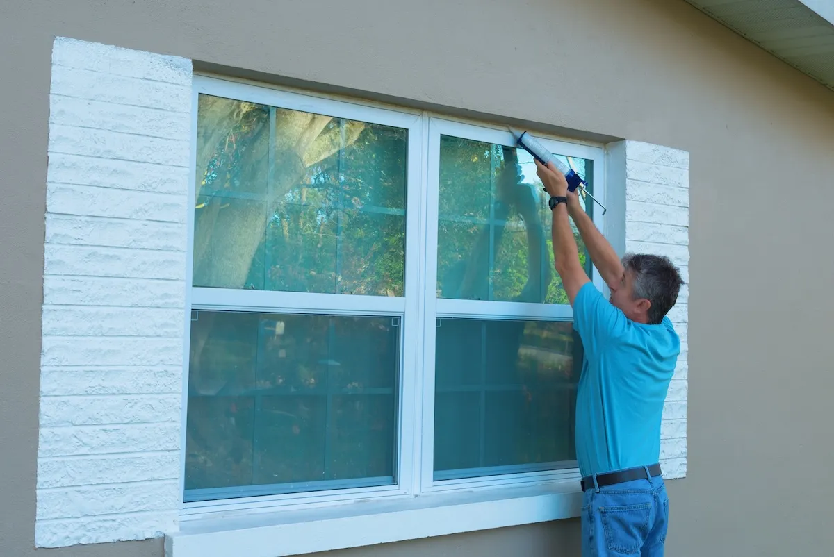 Male homeowner caulking exterior window of a stucco home with a caulk gun.
