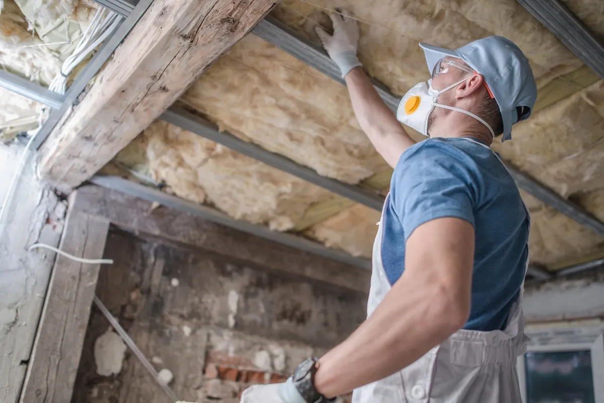 Contractor replaces old mineral wool Insulation. 