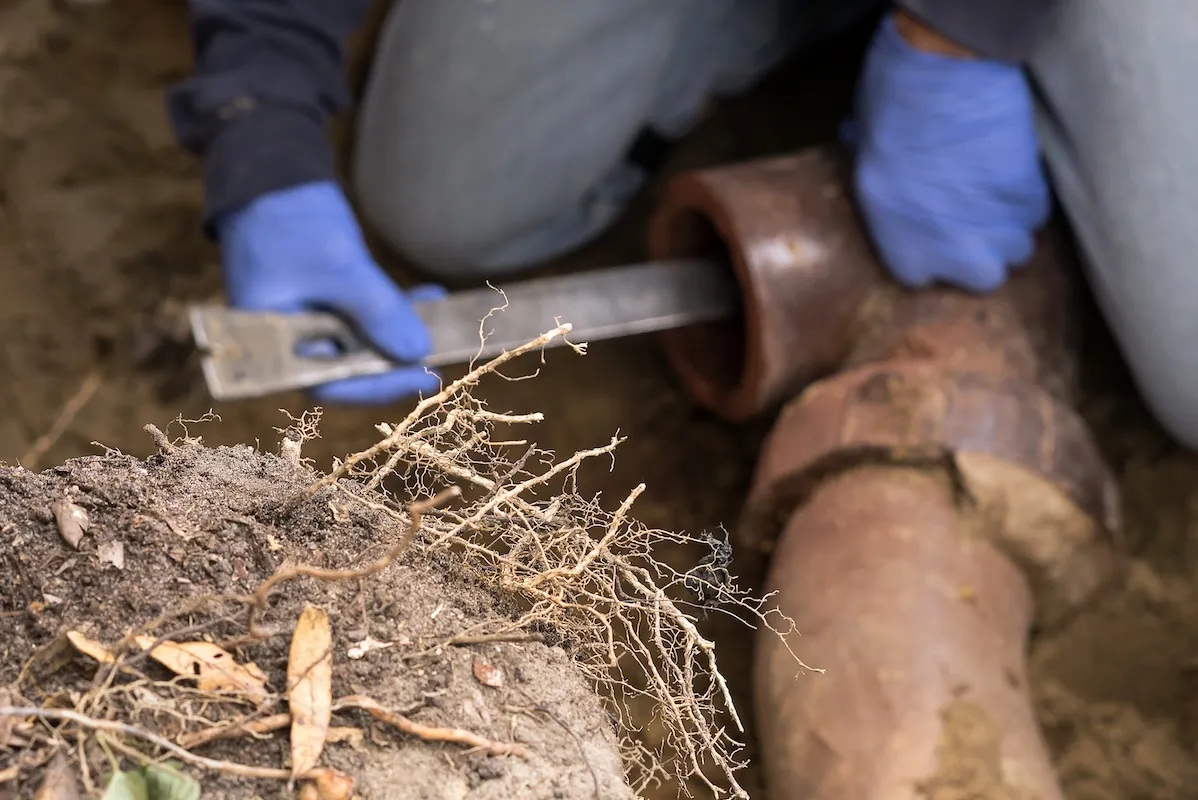 Closeup of tree roots with a man in the background digging out clogged old sewer line pipes.