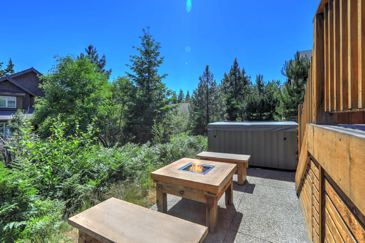 Fire pit tables overlooking a scenic woodland vista.