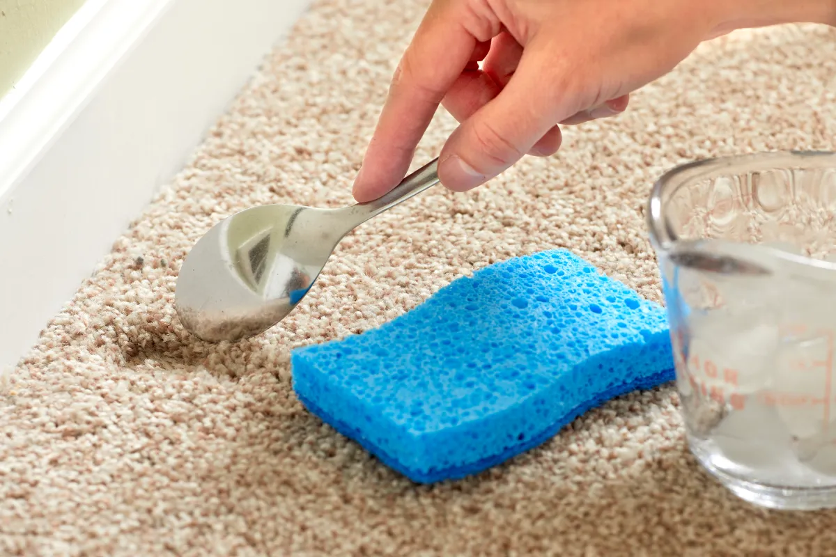 Woman uses spoon to fluff a carpet dent, a blue sponge and cup of ice nearby.