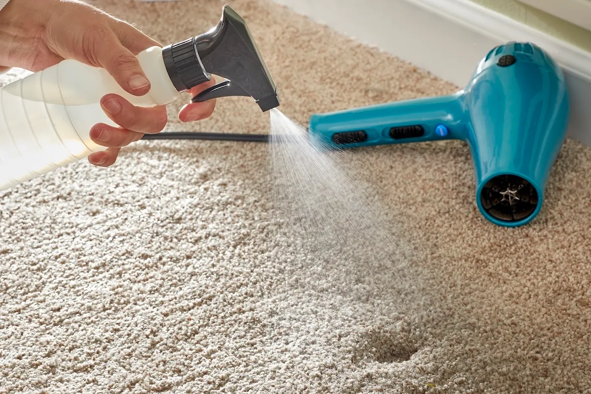 Woman sprays carpet dent with spray bottle, a hair dryer in the background.