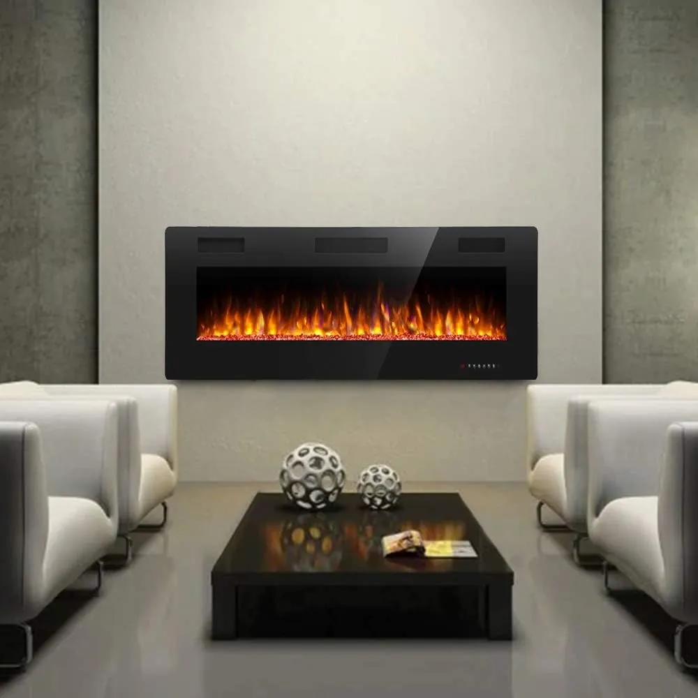 Antarctic Star 36-inch electric fireplace blazing in a minimalist, modern living room.