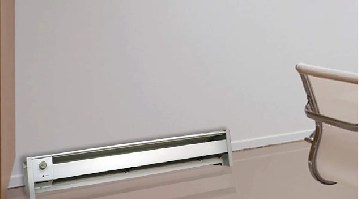 A portable baseboard heater against a beige wall.