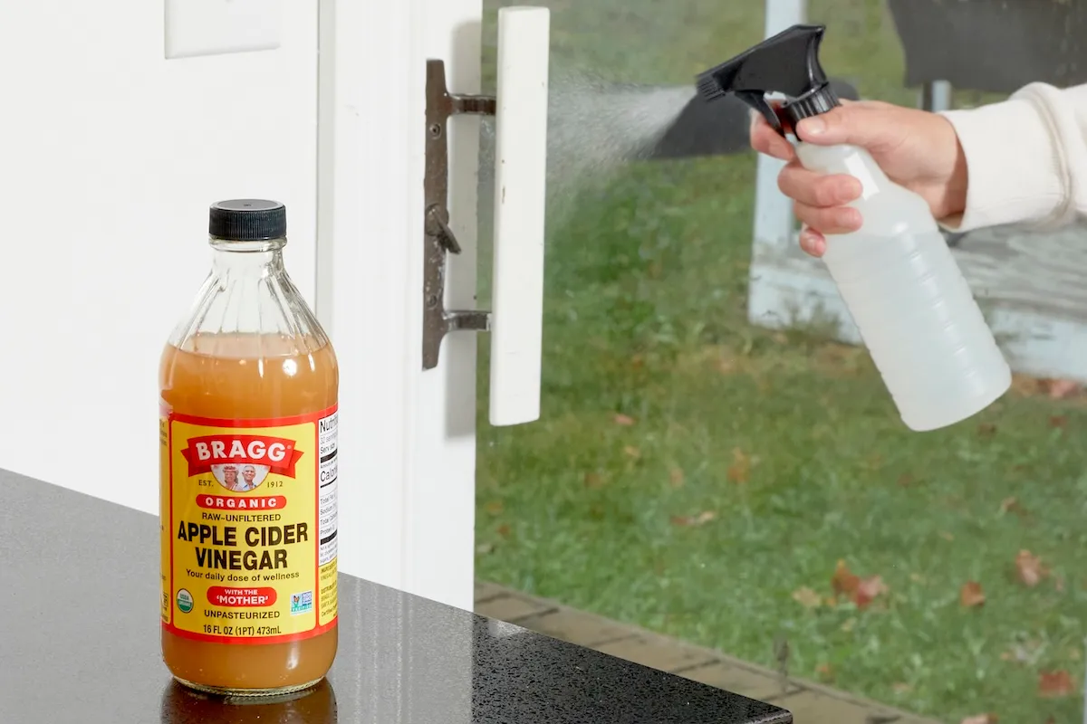 Woman uses spray bottle to spray near patio door, apple cider vinegar bottle in foreground.