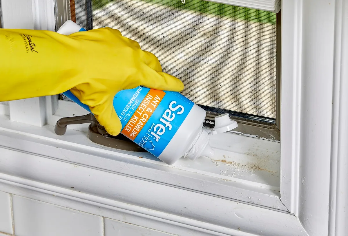 Woman wearing yellow rubber glove puts diatomatceous earth along a window sill.