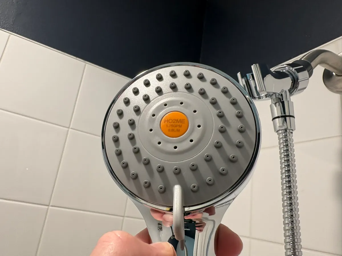 H02ME High-Pressure Handheld Shower Head in the bathroom as an example of the best shower head for low pressure