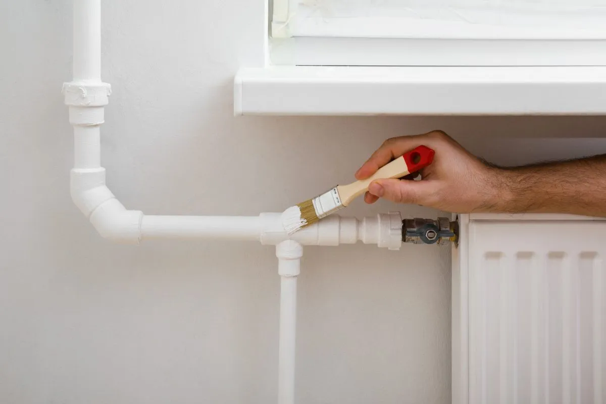 Hand painting exposed pipes white.