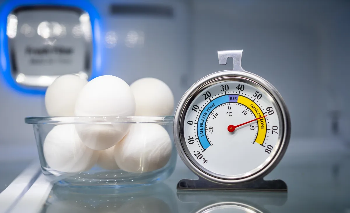 Refrigerator thermometer in cold storage unit. Refrigeration safety gauge displaying unsafe food temperature warning.