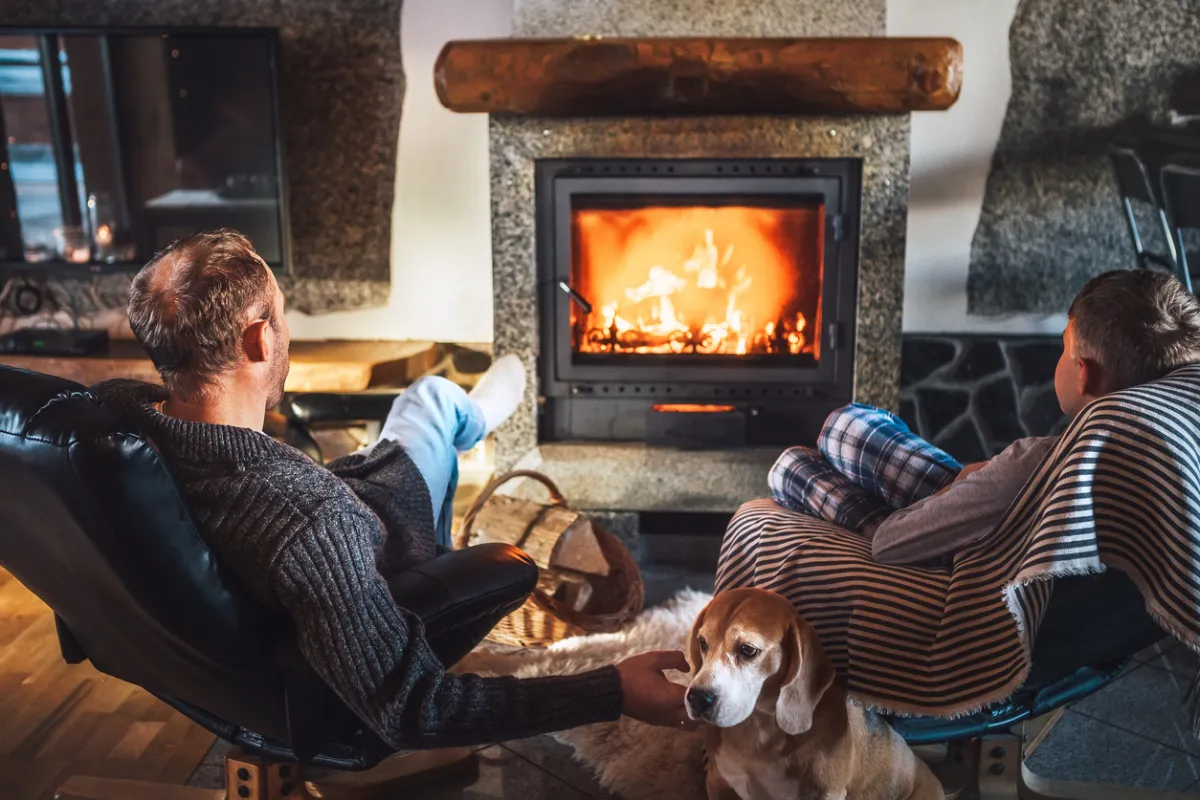 Father with son and dog sitting in comfortable armchairs in their cozy country house near fireplace.
