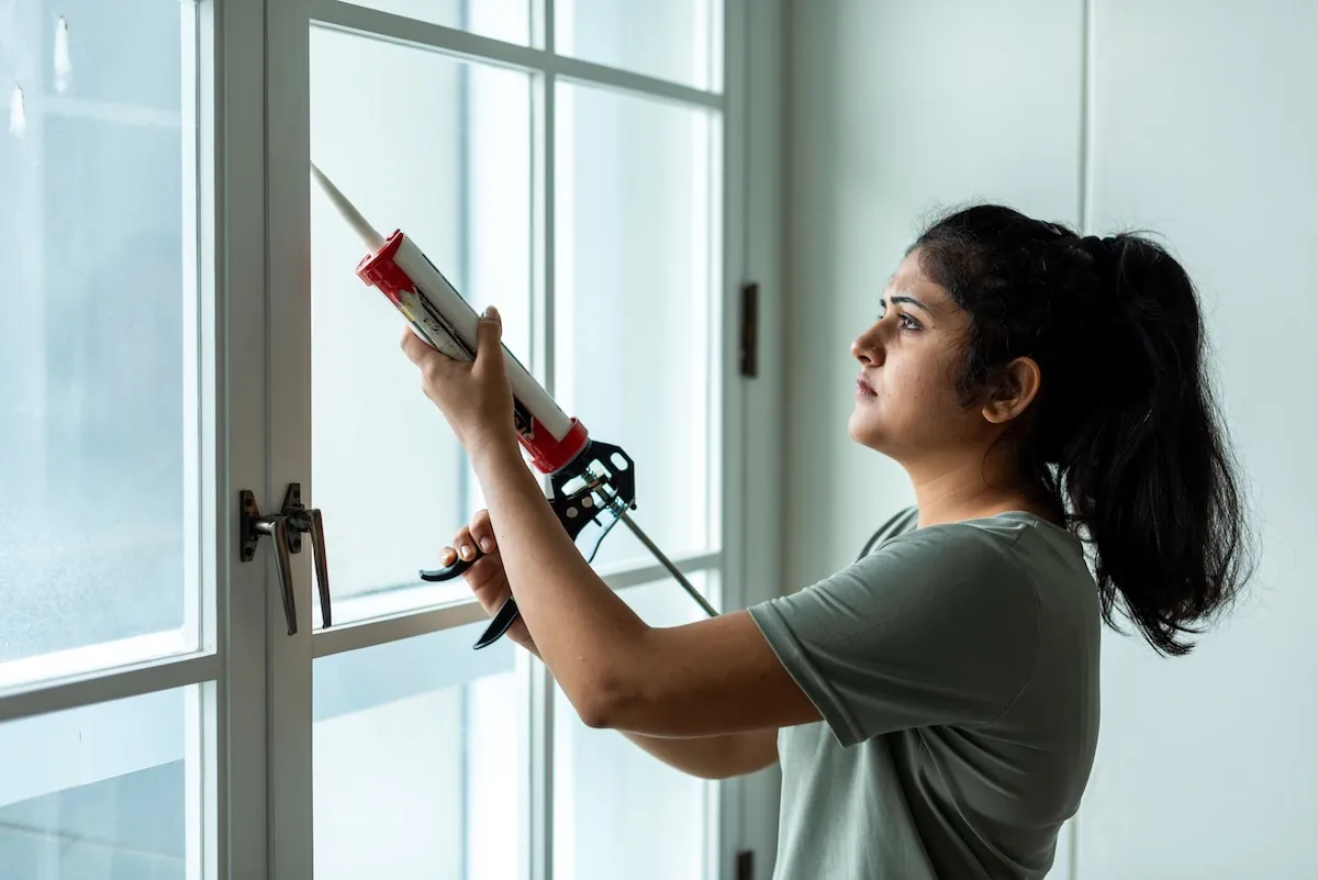A woman seals a window pane with caulk.