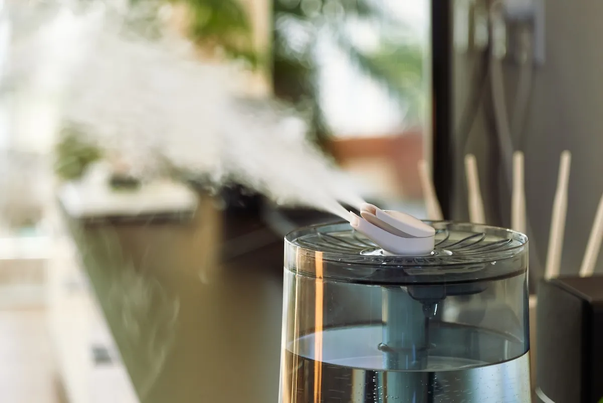 A small humidifier sits in a residential space.