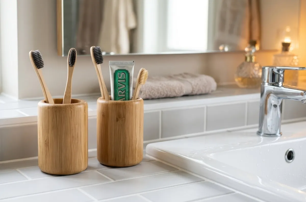 Two natural bamboo toothbrush holders neatly organize dental care essentials on a clean bathroom counter, showcasing sustainable home organization, perfect for promoting a tidy and eco-conscious lifestyle.