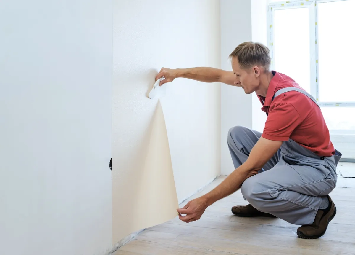 Man replacing a long piece of damaged wallpaper.