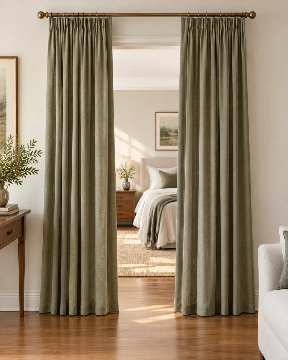 Sage green portiere curtain on a bedroom door