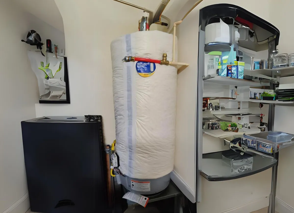 An older water heater wrapped in an insulation blanket for thermal protection.